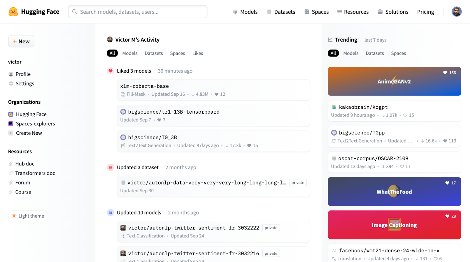 A screenshot of a Hugging Face page showing user activity